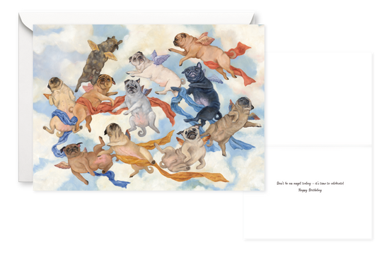 Heavenly Pugs. Single Birthday Card 
