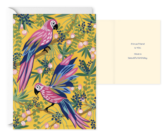 Maximalist Parrots. Single Birthday Card 